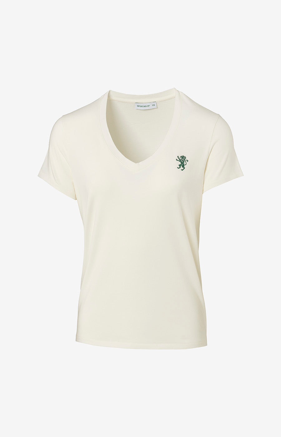 Camiseta blanca de mujer del Sporting con el león, con escote en V en la parte delantera y un león verde bordado.