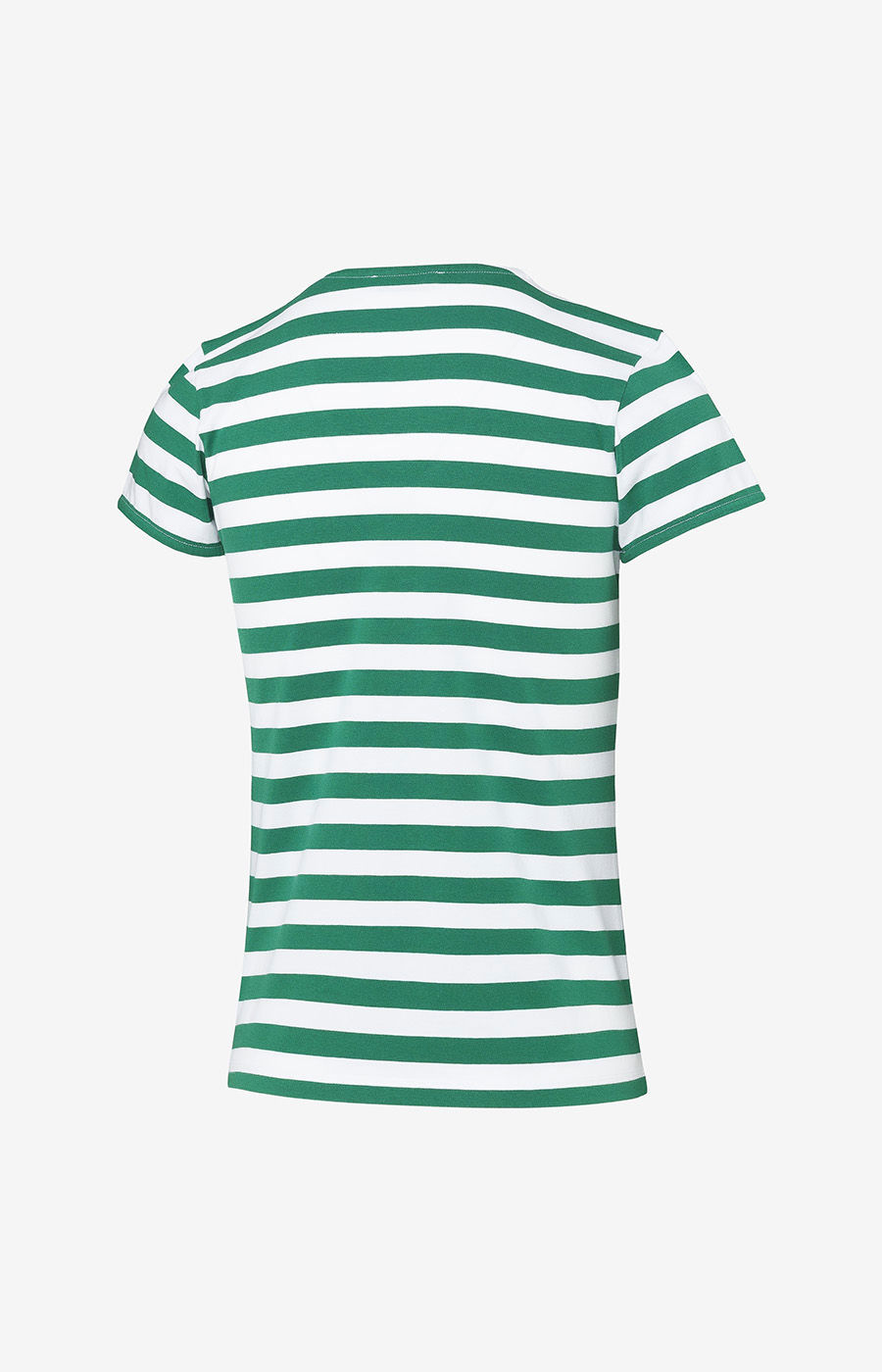 T-shirt de riscas verdes e brancas do Sporting para mulher, vista de trás.