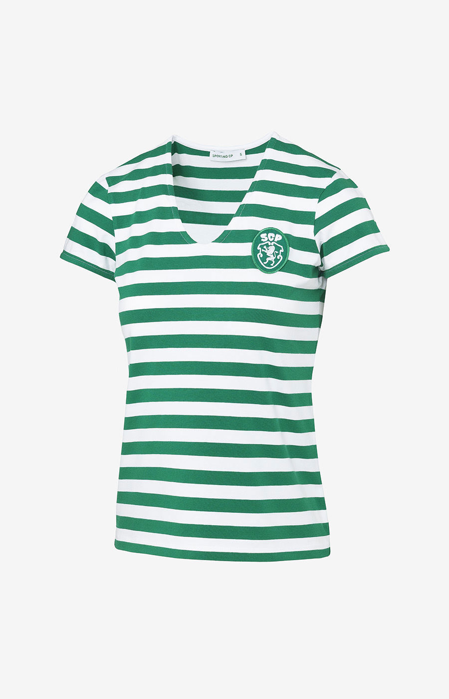 Camiseta de rayas verdes y blancas del Sporting para mujer, vista de frente.