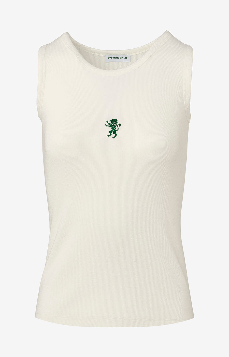 Top Branco Leão de Mulher do Sporting, frente com leão verde bordado ao peito.