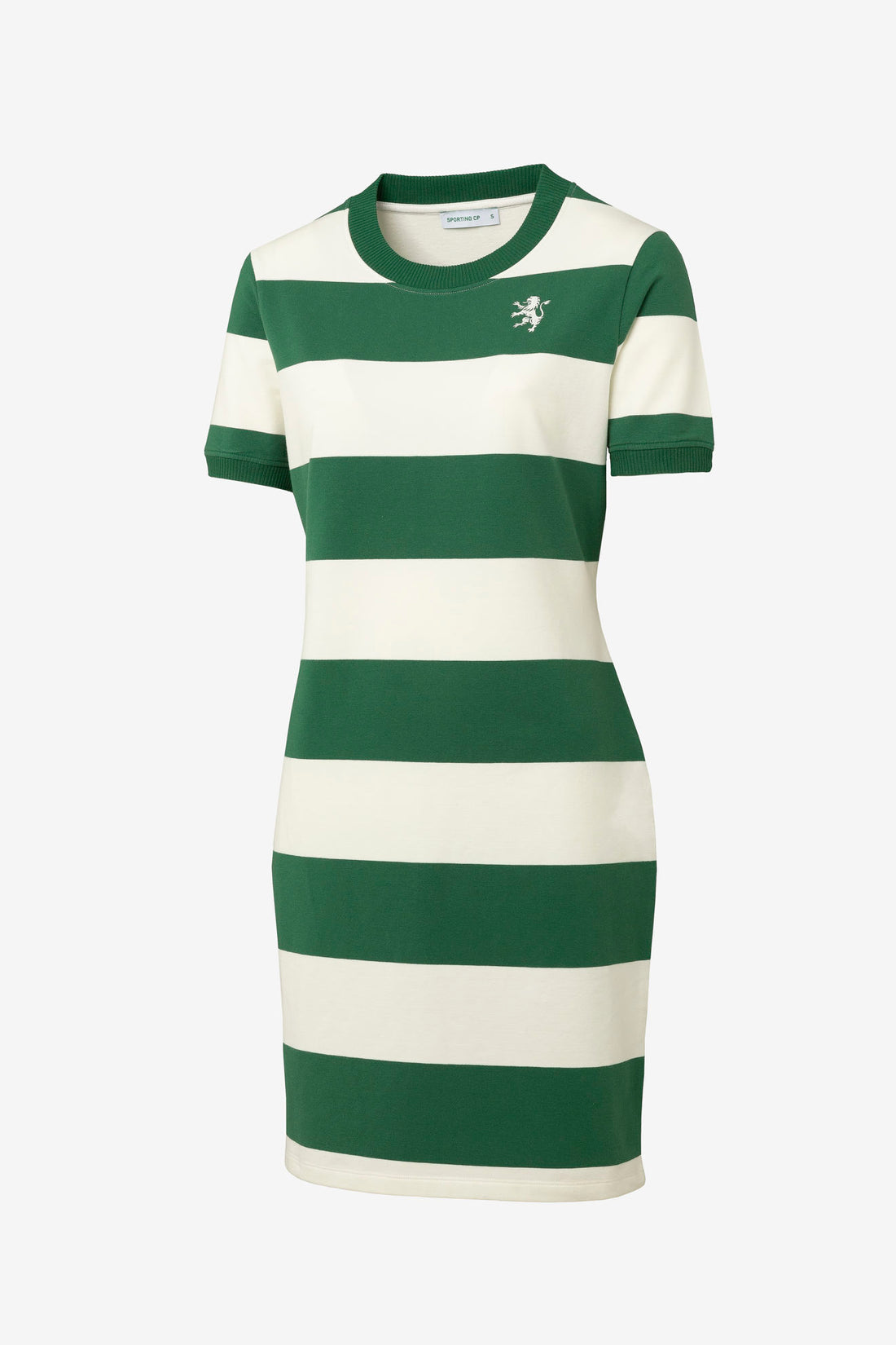 Vestido «DNA Stripes Leão» para mujer del Sporting, con la parte delantera a rayas verdes y blancas y un león bordado.
