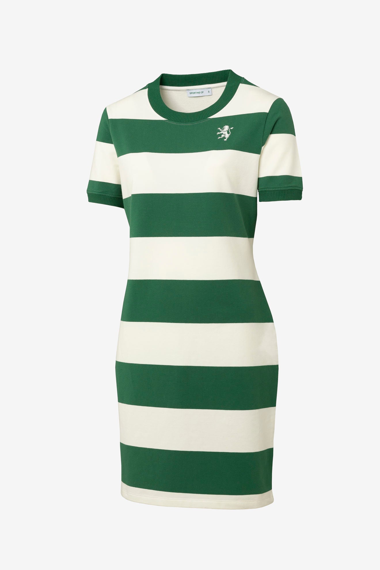 Vestido DNA Stripes Leão de Mulher do Sporting, frente em riscas verdes e brancas com leão bordado.